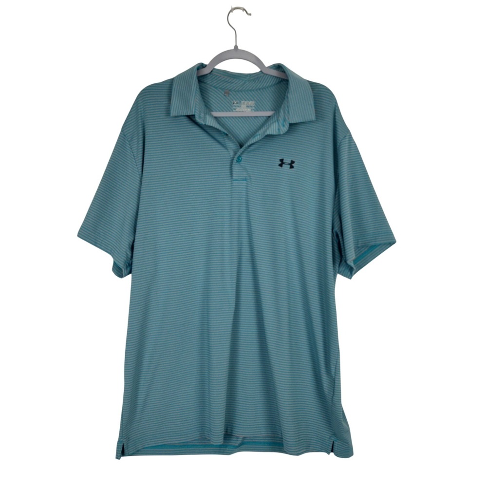 Under Armour HeatGear Mens 2XL Loose Fit Striped Polo Shirt Teal Gray Short Slee